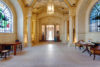Entrance Hall to Bentley Priory Museum, with its intricate ceiling and stain-glass windows